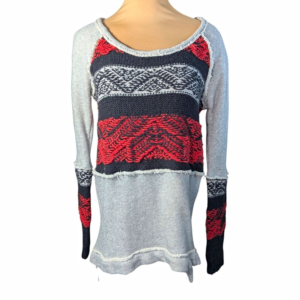 Free People XS Chunky Knit Geometric Scoop Neck Fringe Pullover Sweater Boho